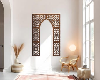Hölzerner marokkanischer Torbogen-Wanddekor,islamische Mihrab-Platte,geschnitzte marokkanische Wandkunst,arabischer geometrischer Torbogen,islamisches Holzgitter,Boho Wohnkultur