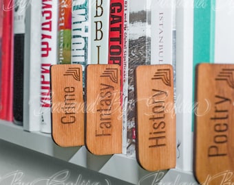 Divisores para estanterías, Divisores por género de libros, Divisores de madera, Divisores para bibliotecas domésticas, Divisores para estanterías personalizados, Separadores de libros