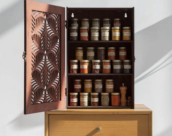 An der Wand befestigtes Gewürzregal, hölzernes Wand-Gewürzschrank, rustikaler Küchen-Gewürzorganisator, dekorativer Wandschrank mit Türregal