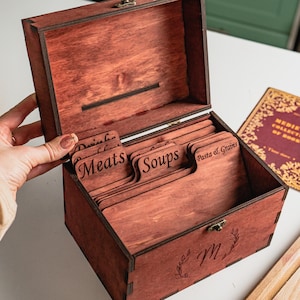Custom wood recipe box, Personalized engraved recipe box with dividers, Monogrammed recipe box, Recipe box with cards, 5th anniversary gift