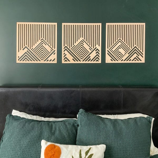 Mountain with lines panel set, Geometric mountain wooden wall art, Wood wall decor panels, Set of 3 wood panels, Abstract wood wall art