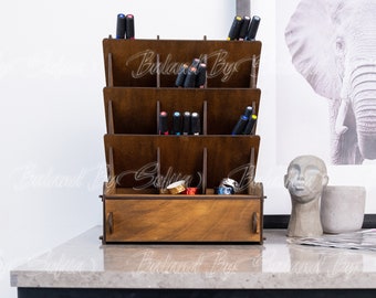 Marker organizer for desk, Marker storage stand, Marker holder wood, Pencils holder, Desktop storage, Art supply organizer, Pen storage