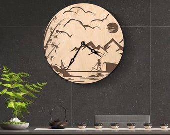 Japanese wall clock,Unique wall clock,Asian wall clock,Zen wall clock,Mountain wall clock,Nature clock,Kanji wall decor,Japanese house art