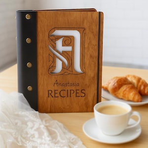 Custom recipe book binder, Personalized wood recipe organizer, Engraved cookbook journal, Wooden recipe binder with leather cover