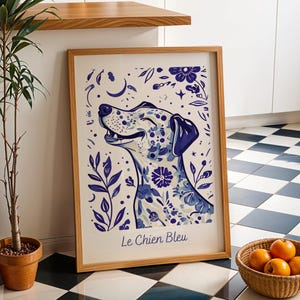 Blue Chinoiserie Dog Art Print, Elegant Animal Decor with a Touch of Whimsy, Delicate Animal Print, Quirky Canine Poster, Blue and white art