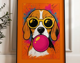 Funny Beagle Wall Art Poster, Colorful Dog Print with Sunglasses & Bubblegum, Pop Art Dog Decor, Gift for Beagle Lovers, New Home Present