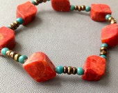 Stone Stretch Bracelet - Red Coral and Blue Turquoise - Layering Bracelet