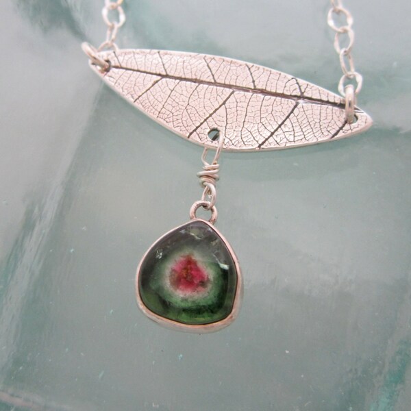 Handcrafted Silver Leaf and Watermelon Tourmaline Necklace