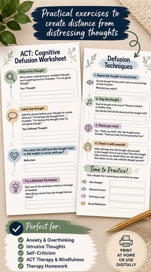 Cognitive Diffusion Worksheets.pdf ACT Cognitive Defusion Worksheet Printable | Acceptance and Commitment ...