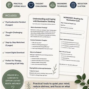 Könnte beinhalten: Eine Ressource für psychisches Wohlbefinden mit dem Titel Evidence-Based Strategies to Break the Rumination Cycle. Sie enthält ein psychoedukatives Handout und ein Arbeitsblatt mit Abschnitten zum Erkennen von Gedankenschleifen und Übungen.