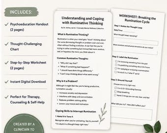 Rumination Worksheet & Handout PDF | Overthinking and Anxiety Coping Skills | CBT Therapy Printable | Mental Health Workbook
