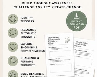 CBT Anxiety Worksheet Printable PDF | Thought Record Therapy Worksheet | Anxiety Journal | Mental Health Workbook | Counseling Tool