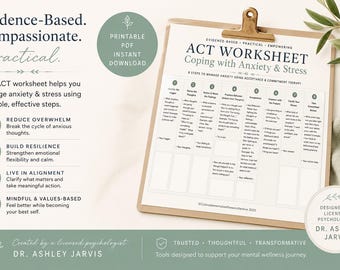 ACT Therapy Worksheets for Anxiety and Stress Relief, Acceptance and Commitment Therapy Bundle, Therapist Resources, Self Help Digital PDF