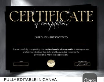 Certificate of Completion | Lash Certificate Template | Black Gold Certificate | Instant Download | Makeup Certificate | Beauty Training