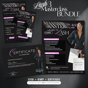 Lash Course Template Bundle | Editable Canva Flyer, Story & Certificate | Eyelash Extension Training Template | Beauty Academy Branding