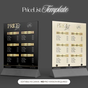 Puede incluir: Dos plantillas verticales de lista de precios sobre soportes, una negra y otra crema, con encabezados y texto en dorado. El diseño incluye secciones para servicios como Lip Filler, Cheek Filler, Jaw Filler y Nose Filler, con marcadores de posición para logotipos, iconos de redes sociales e información de contacto.