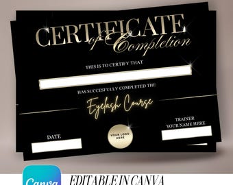 Certificate of Completion | Lash Certificate Template | Black Gold Certificate | Instant Download | Makeup Certificate | Beauty Training