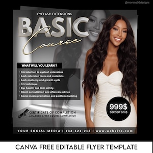 Puede incluir: Folleto promocional para un curso básico de extensiones de pestañas. El diseño presenta a una mujer con cabello largo y oscuro y un vestido blanco. El texto incluye detalles del curso, un certificado y precios. Plantilla editable gratuita de Canva.
