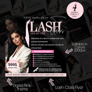 Op de afbeelding: Een roze en zwarte flyer die reclame maakt voor een wimpercursus. De flyer toont een vrouw met lange wimpers en de tekst "Lash Class Flyer" en "Pastel Pink Theme".
