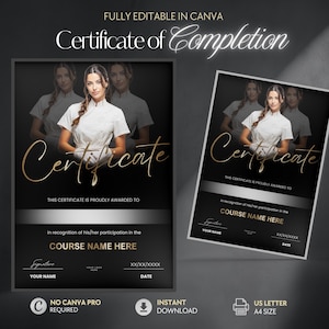 May include: A black and gold Certificate of Completion template featuring a photograph of a person in a white uniform. The text includes "Certificate of Completion," "THIS CERTIFICATE IS PROUDLY AWARDED TO," "COURSE NAME HERE," and "YOUR NAME."