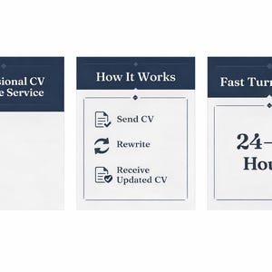 May include: Three white rectangular cards with dark blue headers. The first card reads "Professional CV Rewrite Service." The second card shows the steps: Send CV, Rewrite, Receive Updated CV. The third card says "Fast Turnaround" and "24-48 Hours."