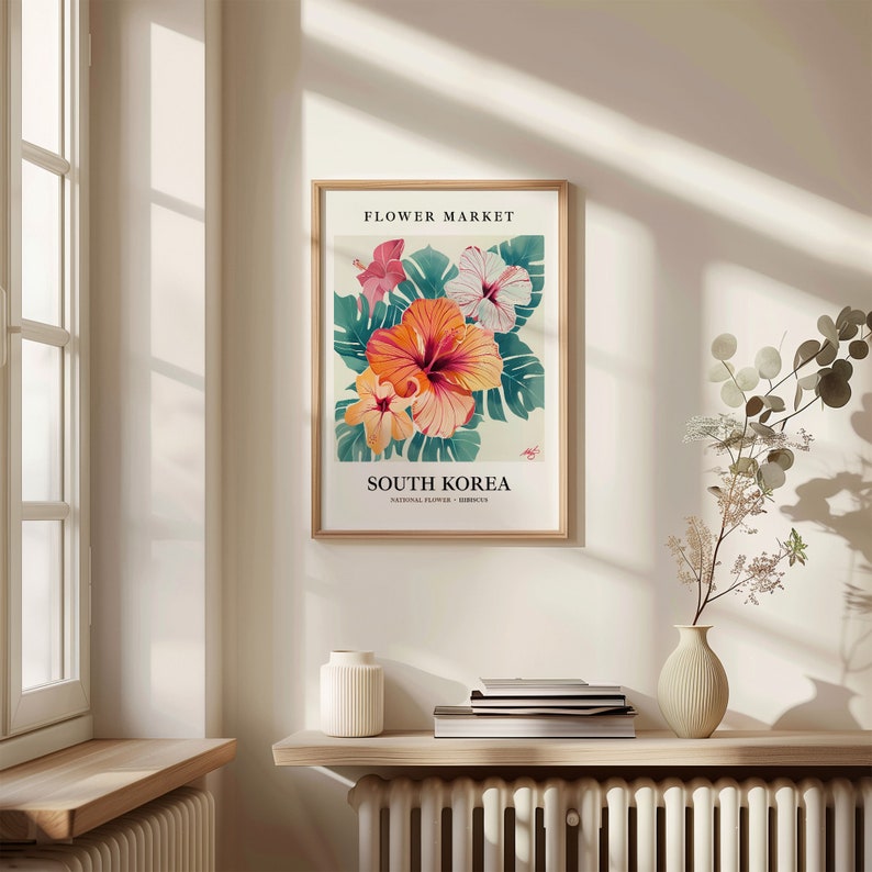 South Korea Hibiscus Art Print: 1960s Pastel Botanical Wall Art imagen 2