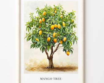 Può includere: Un'illustrazione botanica vintage di un albero di mango con foglie verdi e mango gialli maturi. L'immagine è etichettata "MANGO TREE".