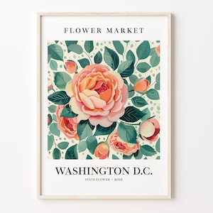 Washington D.C. State Flower Art Print, Minnesota Flower Market, 1960s Rose Wall Art, Neutral Botanical Pastel Artwork, C31-92
