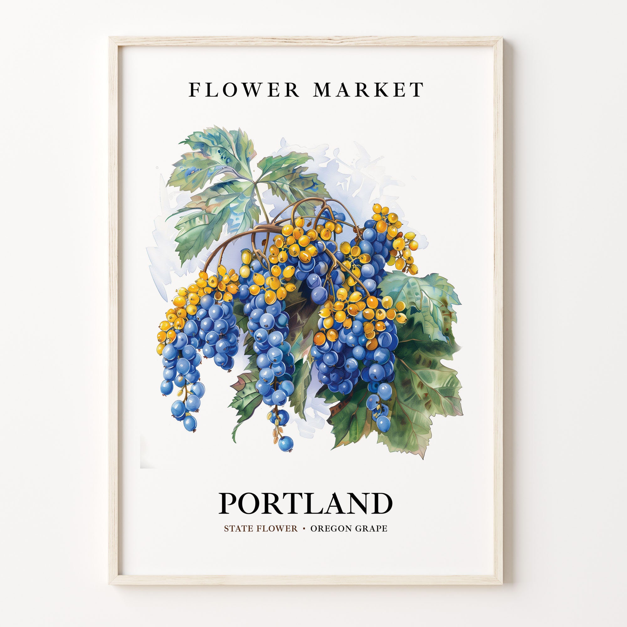Portland Oregon State Flower Art Print, Oregon Grape 1960's Wall Art, Neutral Botanical Pastel, Portland Flower Market Artwork, C31-94