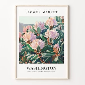 Lámina artística de flores del estado de Washington, rododendro costero de la década de 1960, arte mural botánico en tonos pastel neutros, decoración de mercado de flores, C31-48