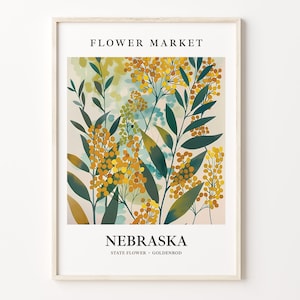 Nebraska State Flower Art Print, Goldenrod Botanical Wall Art, 1960s Nebraska Flower Market, Neutral Pastel Artwork, C31-79