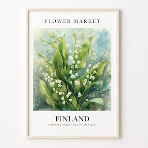 Finland National Flower Art Print, Lily of the Valley, 1960&#39;s Wall Art, Neutral Botanical Pastel, Finland Flower Market Decor, C31-376