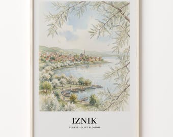 Paper Art Poster of Iznik, Blue Green Olive Blossom Landscape Print