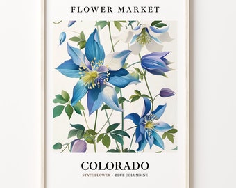 Blue Columbine Art Print: Vintage Colorado State Flower, Botanical Pastel