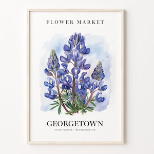 Georgetown Texas Flower Market Art Print, Bluebonnet Botanical Pastel Wall Art, Georgetown Flower Artwork, C31-200