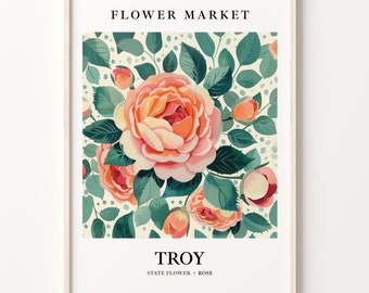 Troy New York Flower Market Art Print: Botanical Rose Poster