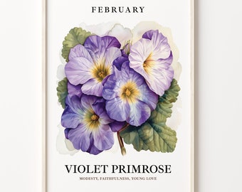 February Violet Primrose Art Print: 1960s Pastel Floral Wall Decor