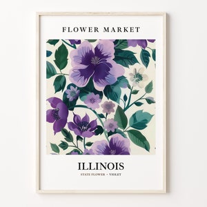Illinois State Flower Art Print, Vintage Violet 1960s Wall Art, Neutral Botanical Pastel Artwork, Illinois Flower Market Decor, C31-83