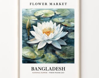 Bangladesh National Flower Art Print, White Water Lily 1960s Wall Art, Neutral Botanical Pastel Artwork, Bangladesh Flower Market, C31-543