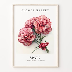Spaniens Nationalblume Kunstdruck, Nelke 1960 Wandkunst, Neutrales Pastell Kunstwerk, Spanien Blumenmarkt Dekor, C31-388