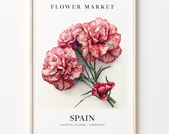 Pode incluir: Um cartaz de estilo vintage com o texto "FLOWER MARKET" no topo e "SPAIN" na parte inferior. O cartaz apresenta um ramo de cravos rosa com listras brancas. O texto "NATIONAL FLOWER - CARNATION" está abaixo da palavra "SPAIN".