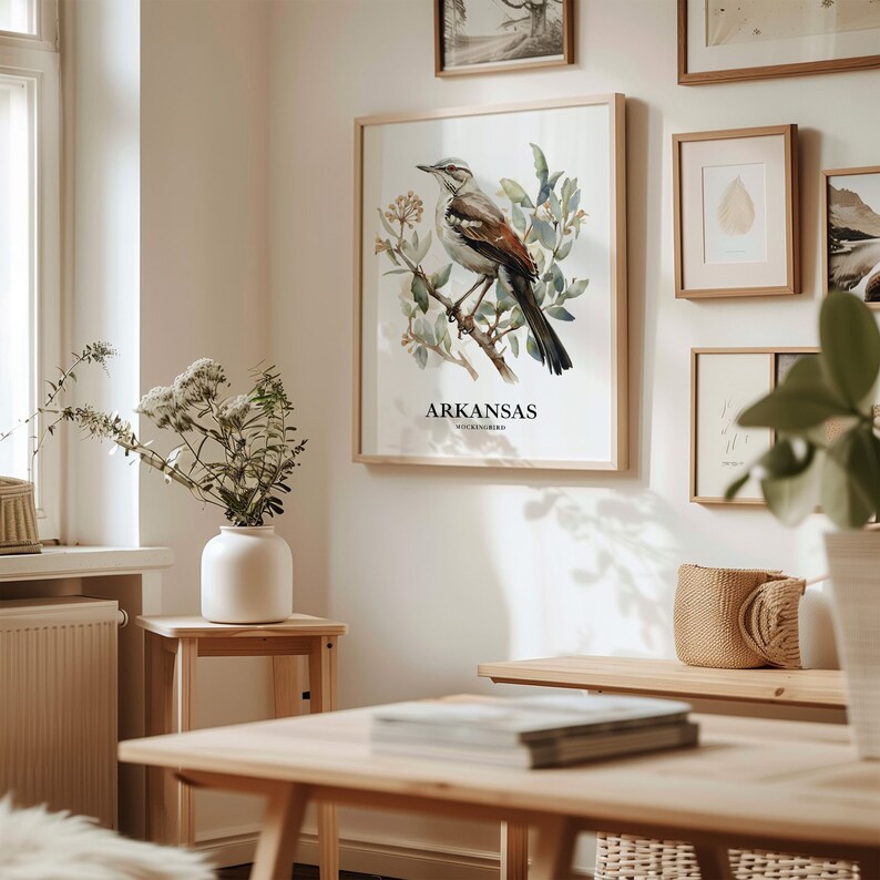 Arkansas State Bird Art Print: Mockingbird & Apple Blossom Illustration ...