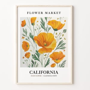 Lámina artística de flor del estado de California, amapola de California, arte mural de los años 60, obra botánica en tonos pastel neutros, decoración de mercado de flores, C31-43