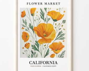 California State Flower Art Print, California Poppy 1960&#39;s Wall Art, Neutral Pastel Botanical Artwork, Flower Market Decor, C31-43