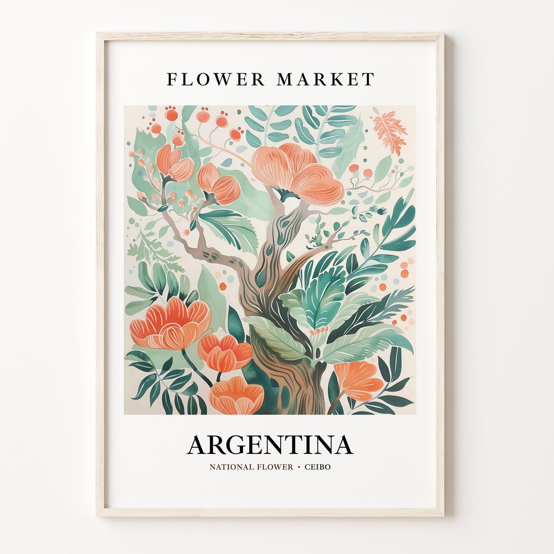 Argentina National Flower Art Print, Ceibo 1960's Wall Art, Neutral Botanical Pastel Artwork ...