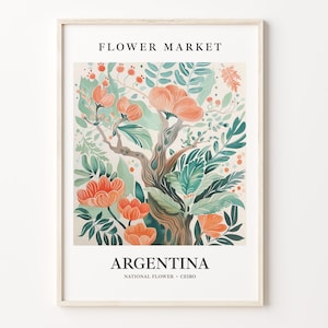Argentinien Nationalblume Kunstdruck, Ceibo 1960's Wandkunst, Neutrales Pastell Kunstwerk, Argentinien Blumenmarkt-Dekor, C31-297