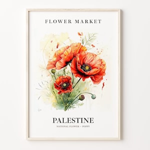 Palestine National Flower Market Poster, Poppy 1960&#39;s Wall Art, Neutral Botanical Pastel Artwork, Palestine Flower Market Art Print, C31-550