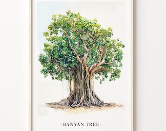 Può includere: Un dipinto ad acquerello di un albero di Banyan con foglie verdi e radici marroni. L'albero è raffigurato su uno sfondo bianco. Il testo "BANYAN TREE" è scritto sotto l'albero.