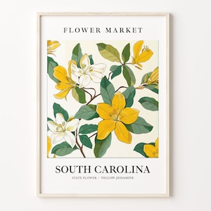 South Carolina State Flower Art Print, Yellow Jessamine Wall Art, 1960's Botanical Pastel, Neutral Flower Market Decor, C31-55