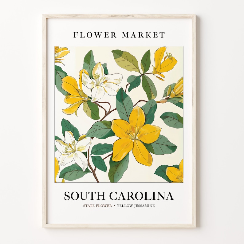 Yellow Jessamine Art Print: South Carolina State Flower, Botanical Pastel 画像 1